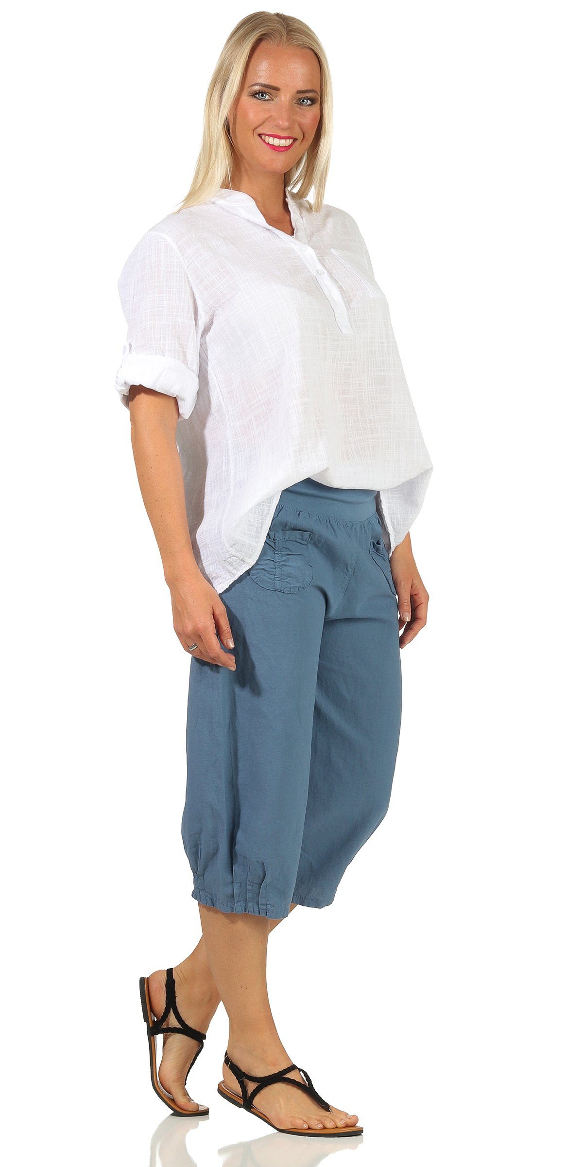 Aurela Damenmode Leinenhose Leinenhose Damen kurze Sommerhose Leinen Bermuda elastischer Gummizug, modische Sommer Farben, auch in großen Größen erhältlich Jeans