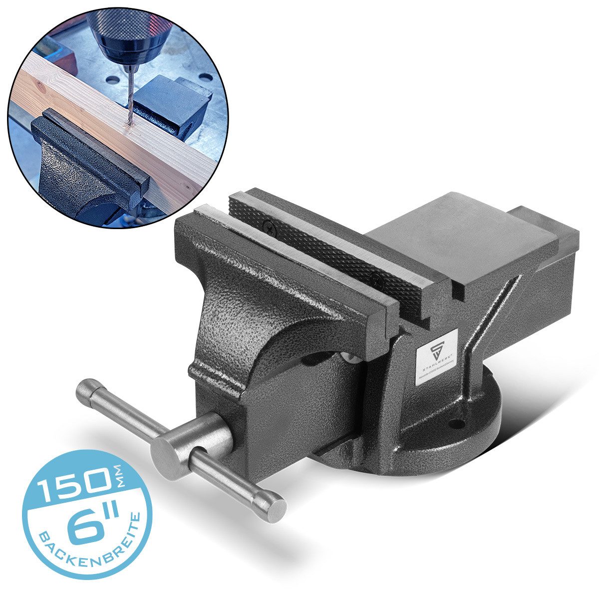 STAHLWERK Schraubstock Schraubstock BV-150 ST aus Gusseisen mit 150 mm Spannweite, Packung, 1-St., Einzel, mit 150 mm Spannweite