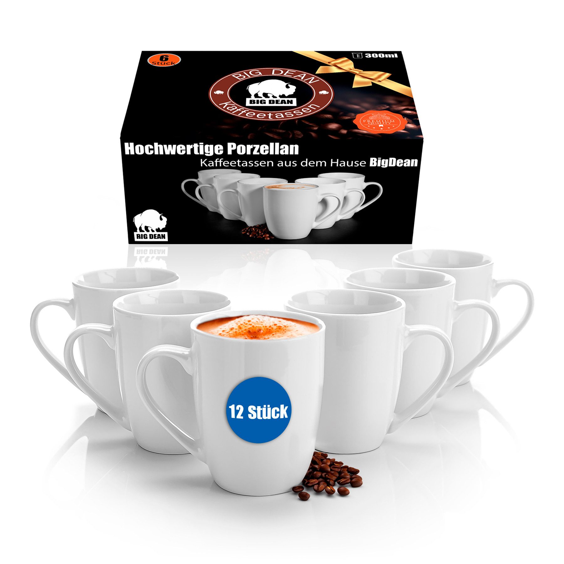 BigDean Tasse 12 Stück Kaffeebecher 300ml aus hochwertigem echtem Porzellan, Porzellan