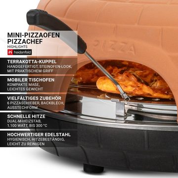 Heidenfeld Pizzaofen Mini Pizzaofen Pizzachef für 6 Personen inkl. Pizzaschieber Raclette, 1100 W Pizzamaker - Dual-M-Heizstab - Abdeckung Terracotta Pizza Ofen