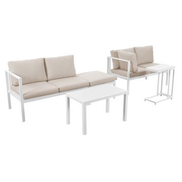 KLAM HOME Gartenlounge-Sessel Wetterfeste Ecklounge Gartenmöbel-Set für 6–8 Personen (5tlg.2 Ecksofas 1 Fußhocker 1 großen Esstisch 1 Beistelltisch), Mit Outdoor-Aluminiumabdeckung für Garten Innenhof Balkon