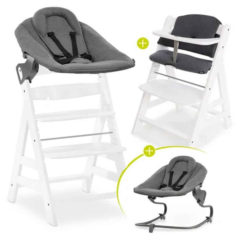 Hauck Hochstuhl Alpha Plus White Newborn Set, Holz Babystuhl ab Geburt inkl. Aufsatz für Neugeborene & Sitzauflage