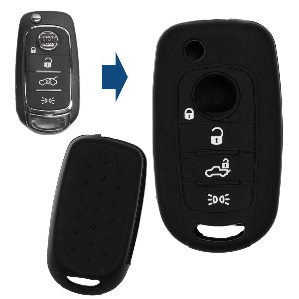 mt-key Schlüsseltasche Autoschlüssel Softcase Silikon Schutzhülle Schwarz, für FIAT 500x Toro 4 Tasten Klappschlüssel