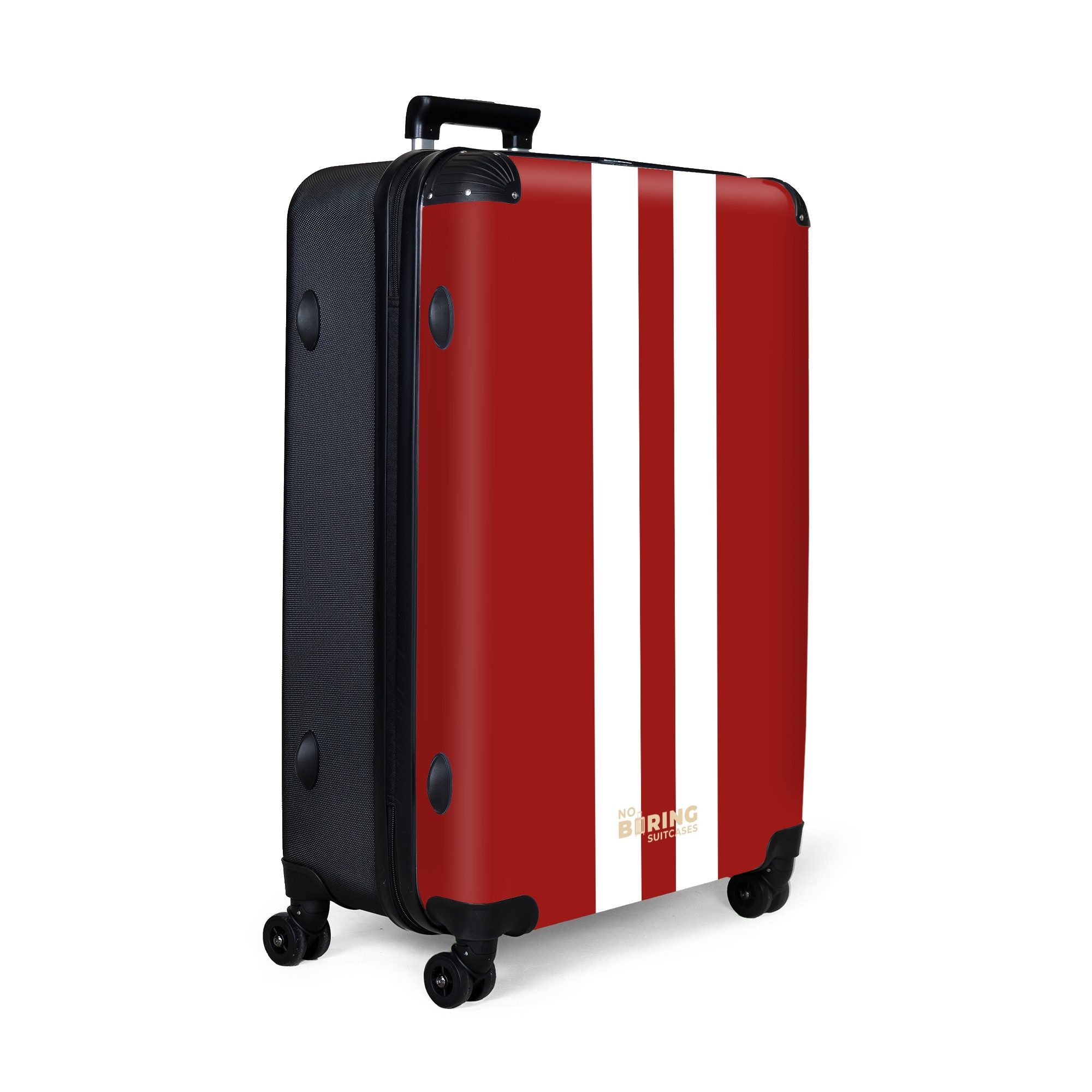 NoBoringSuitcases.com© Hartschalen-Trolley Roter Hintergrund mit doppeltem weißen Mittelstreifen 77 cm - 98 L, 8 Rollen, Koffer Groß für 30kg, Trolley, Rollkoffer, Reisekoffer