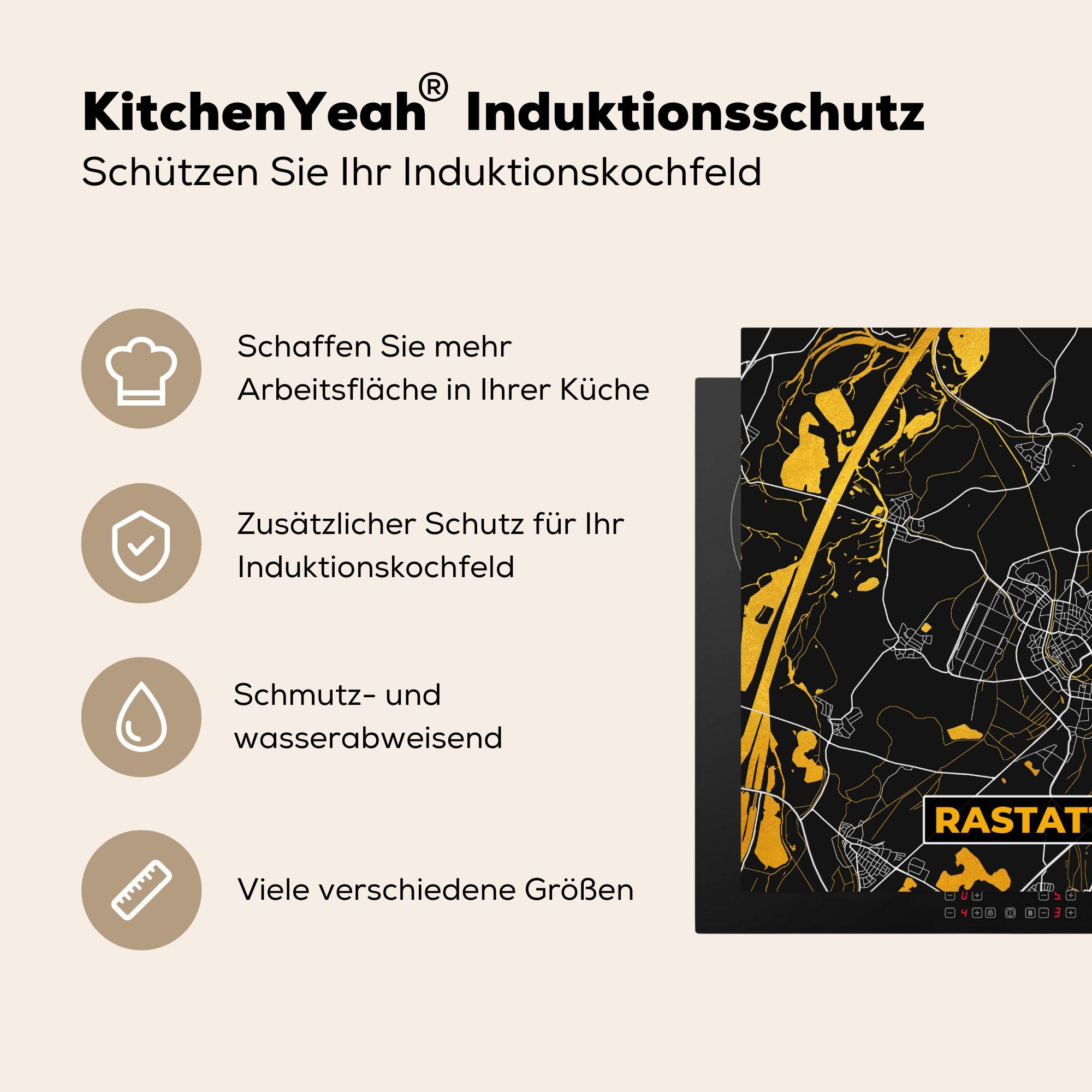 MuchoWow Herdblende-/Abdeckplatte Gold - Arbeitsplatte Deutschland - Rastatt, cm, - Ceranfeldabdeckung, (1 tlg), Vinyl, 78x78 Karte für küche