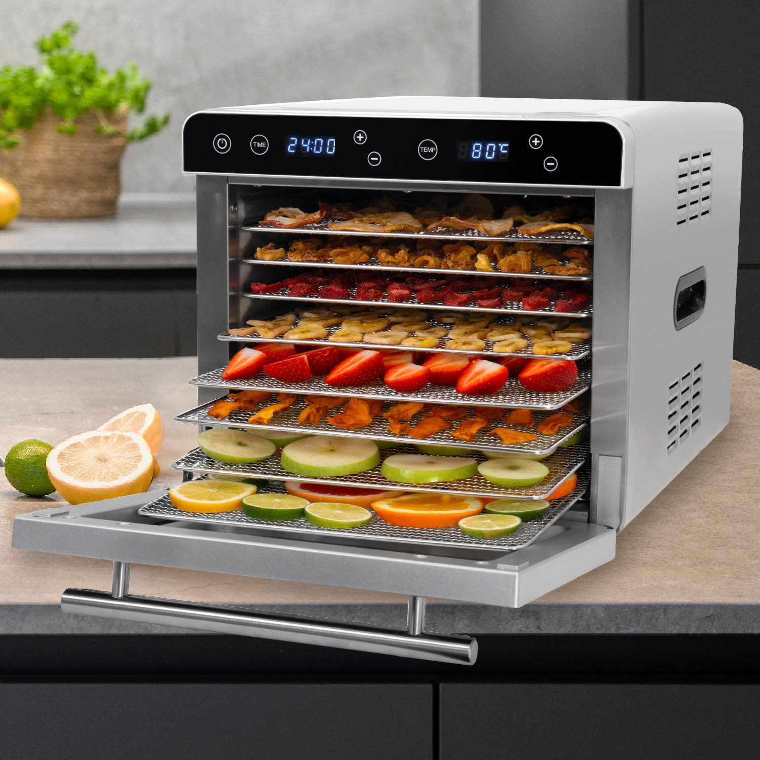 KLAMER Dörrautomat Premium XL 700W, 24h-Timer und 35-80°C Temperaturregler, 8 extra groß… 700 W, 8 Etagen, optimale Trocknung, 35-80°C, Timer, Gitter & Deckel BPA-frei