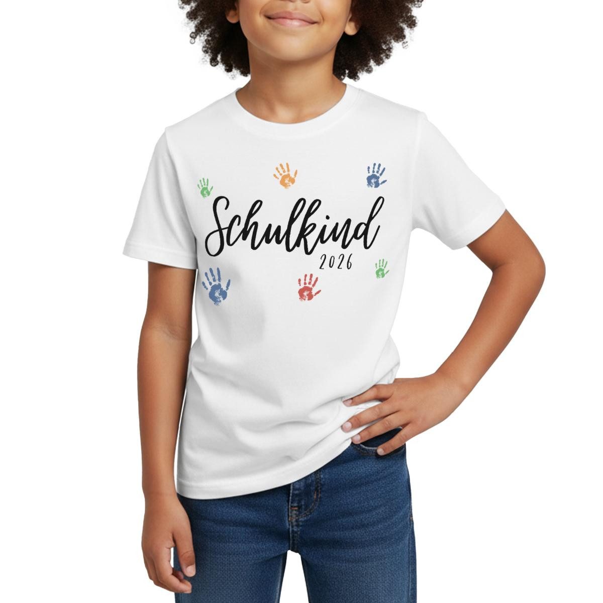 Spreadshirt T-Shirt Schulkind 2026 Bunte Handabdrücke Einschulung Kinder T-Shirt (1-tlg) Fällt klein aus. Wir empfehlen, eine Größe größer zu bestellen.