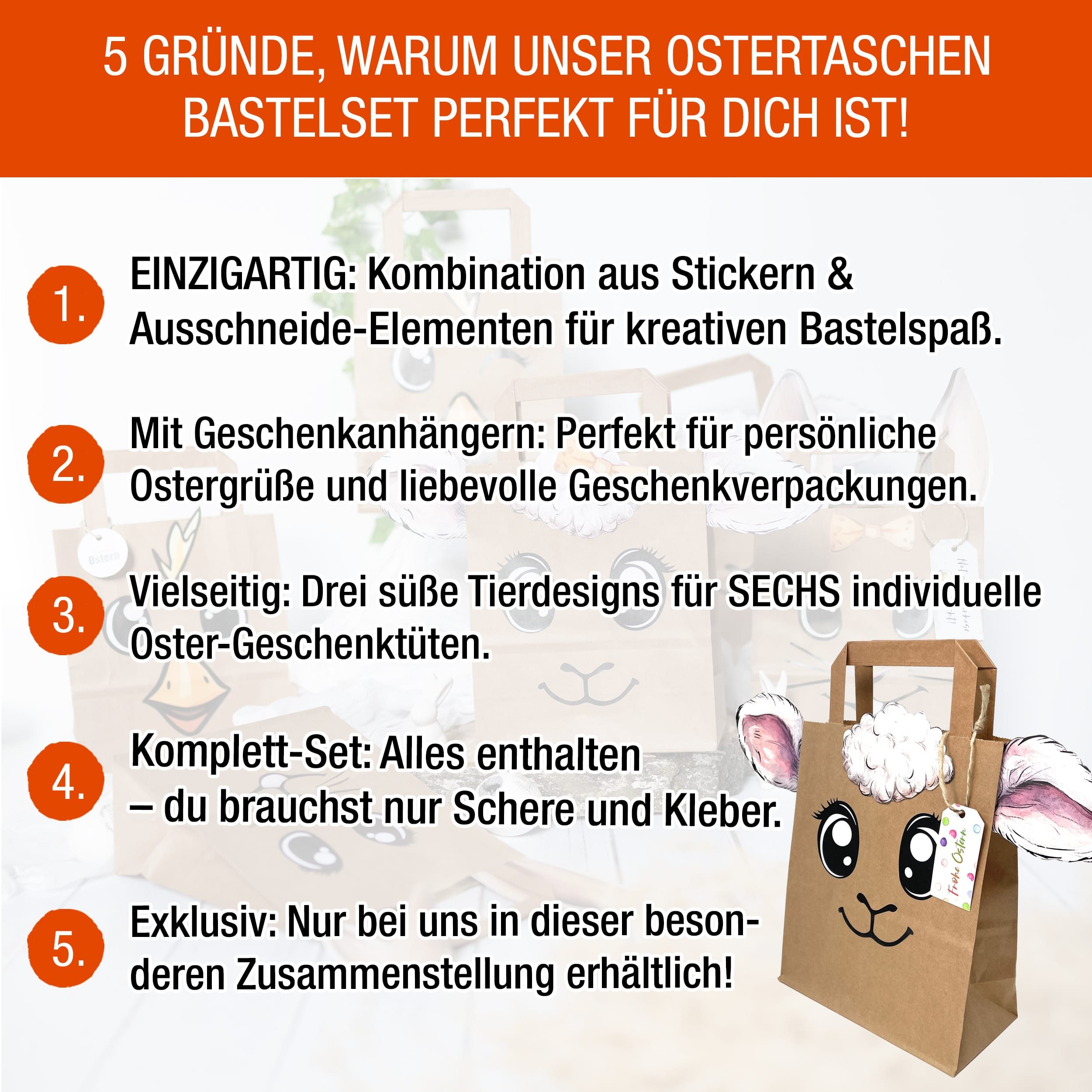 TOBJA Osternest Ostertaschen DIY Set – 6 große Kraftpapier-Tüten mit süßen Tiermotiven, Bastelset Kinder Ostern Hase