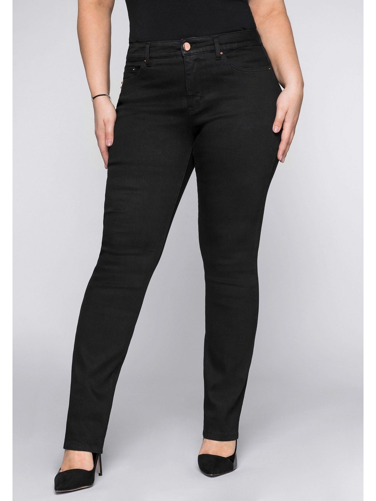 black Große Größen Denim Bodyforming-Effekt Stretch-Jeans Skinny mit Sheego
