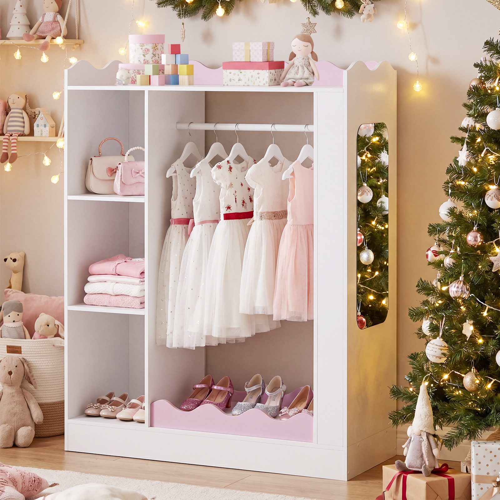 COSTWAY Kinderkleiderschrank mit 2 Spiegeln, offener Kleiderstange, Regalen – Bild 2 von 5