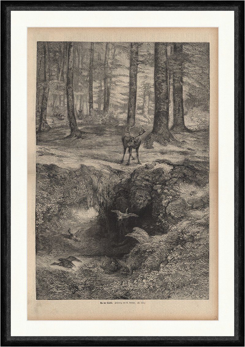 BillerAntik Kunstdruck An der Quelle Bodmer Hirsch Ente Wald Teich Moos
