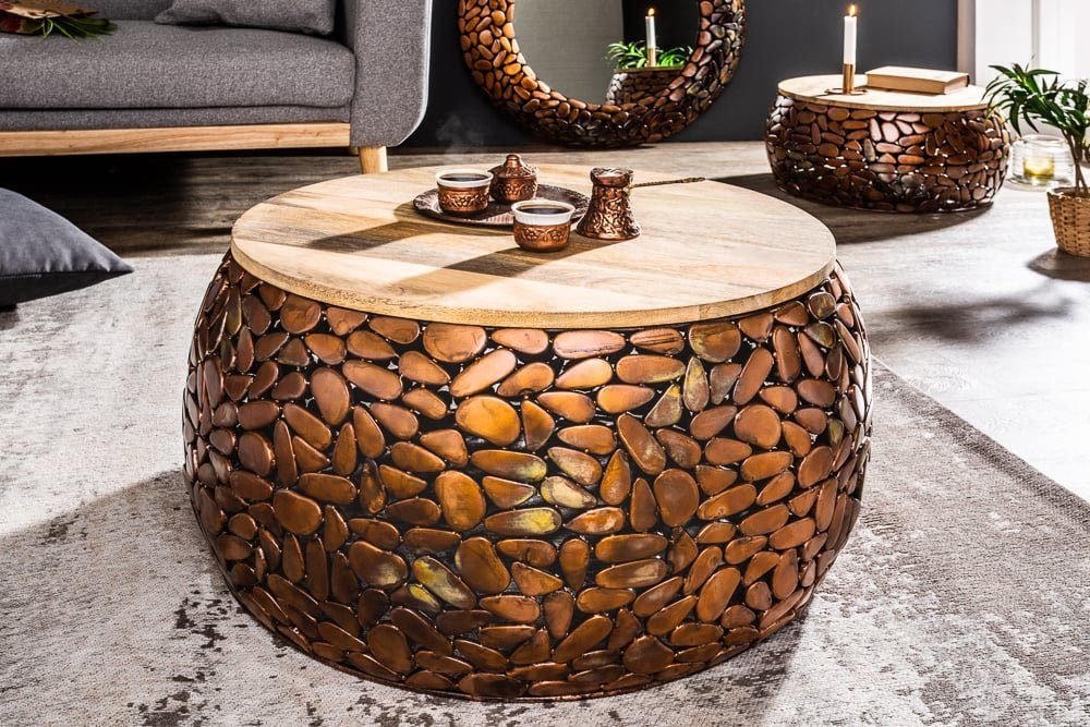 riess-ambiente Couchtisch STONE MOSAIC Ø65cm kupfer / natur (Set, 2-St., 2x Couchtisch), Wohnzimmer · Metall · Massivholz · rund · Mosaik Design · handmade