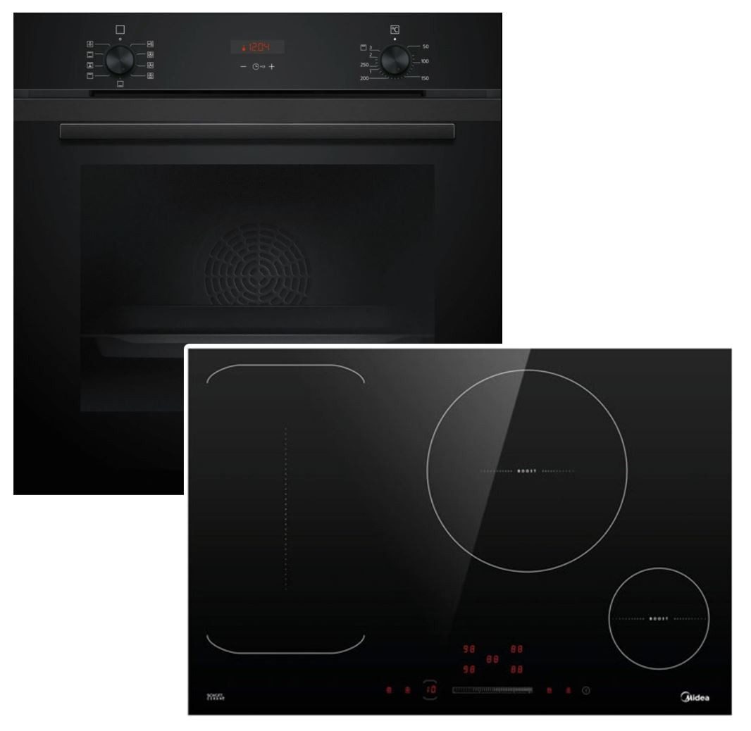 SIEMENS Backofen-Set HYDROLYSE AUSZUG + Midea FLEX-Induktionskochfeld BOOSTER autark 77cm