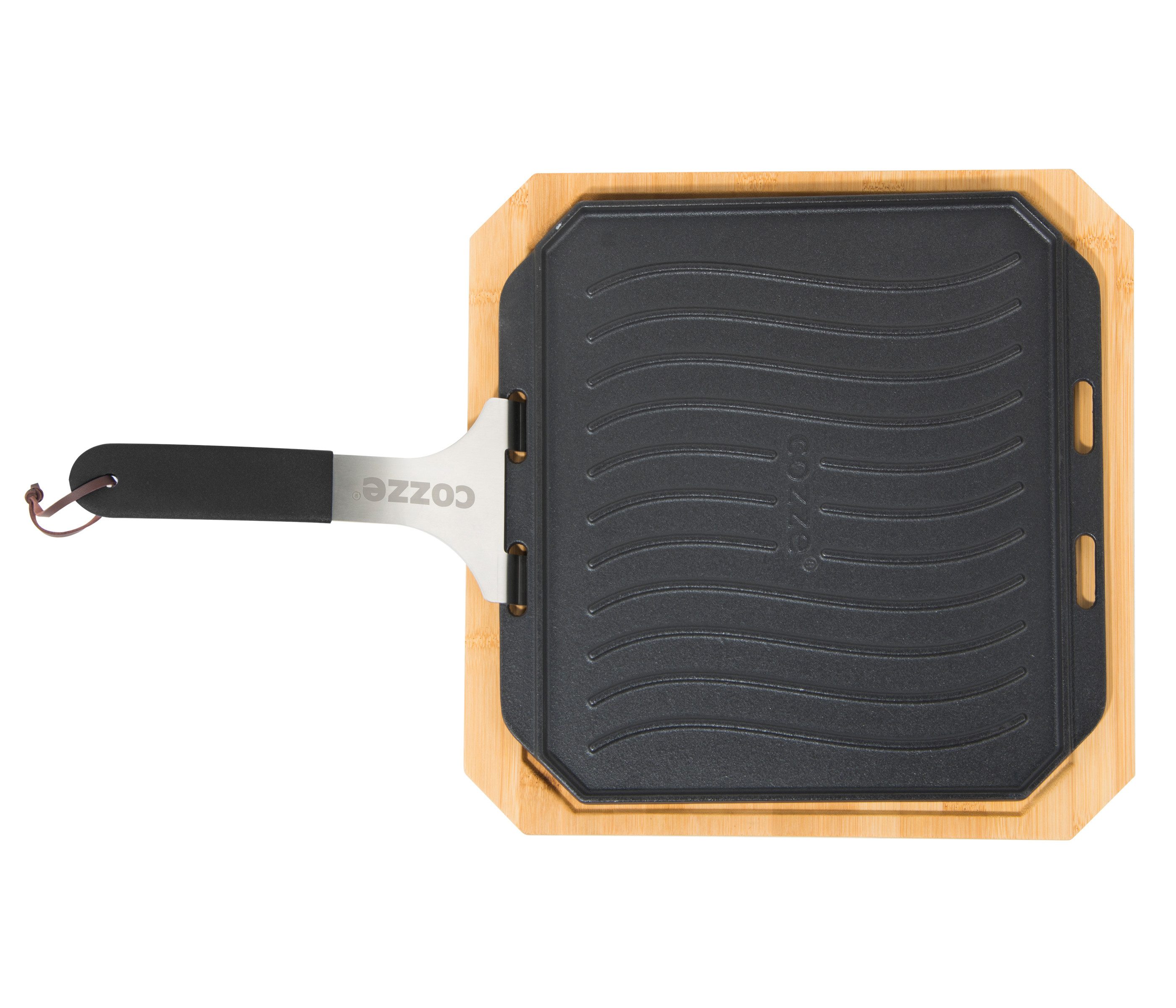 COZZE Grillbesteck-Set Grillpfanne, 33 x 33 x 4 cm, Gusseisen / Bambus, hochwertige Pfanne für Grillgut