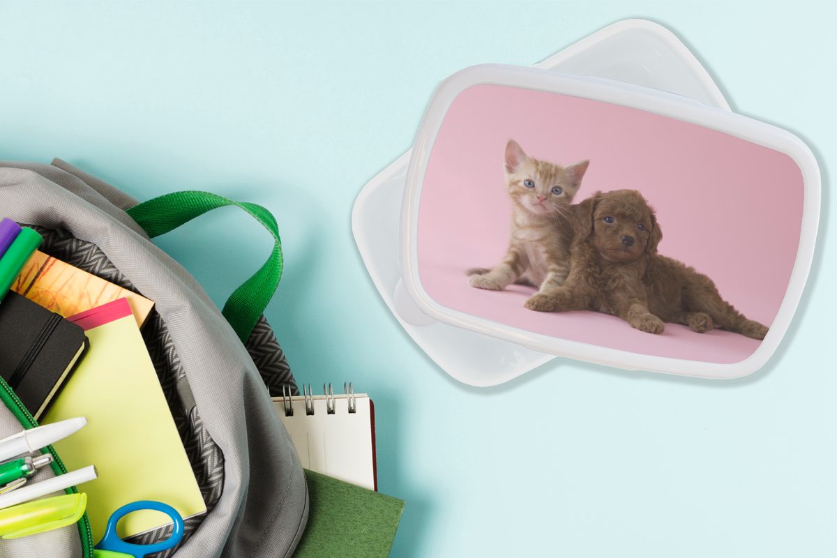 (2-tlg), für Hund und - weiß und Kinder Brotbox MuchoWow Kunststoff, Katze Rosa, Jungs Mädchen - Brotdose, Erwachsene, Lunchbox für