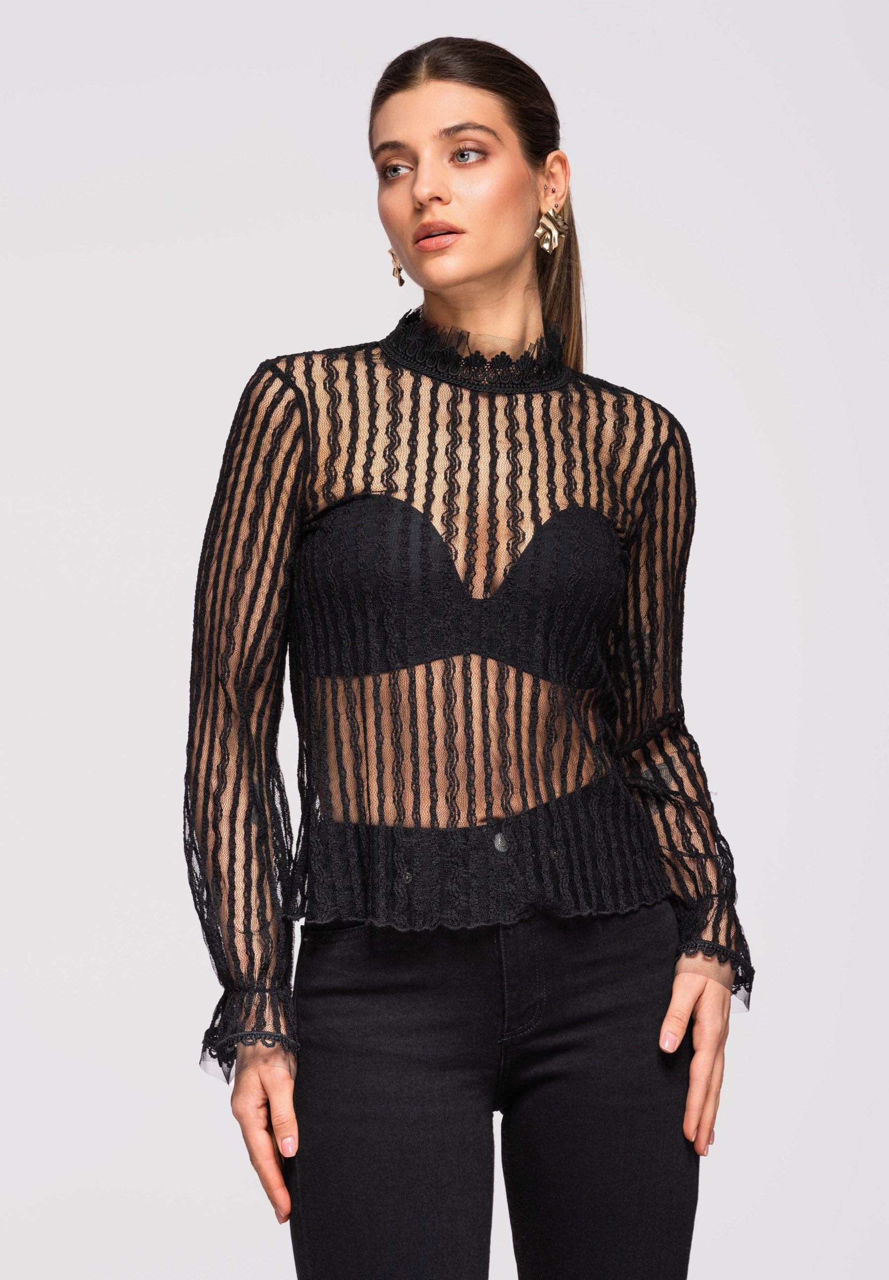 OMBRE Langarmbluse Transparente Damenbluse aus Spitze mit Stehkragen und la günstig online kaufen