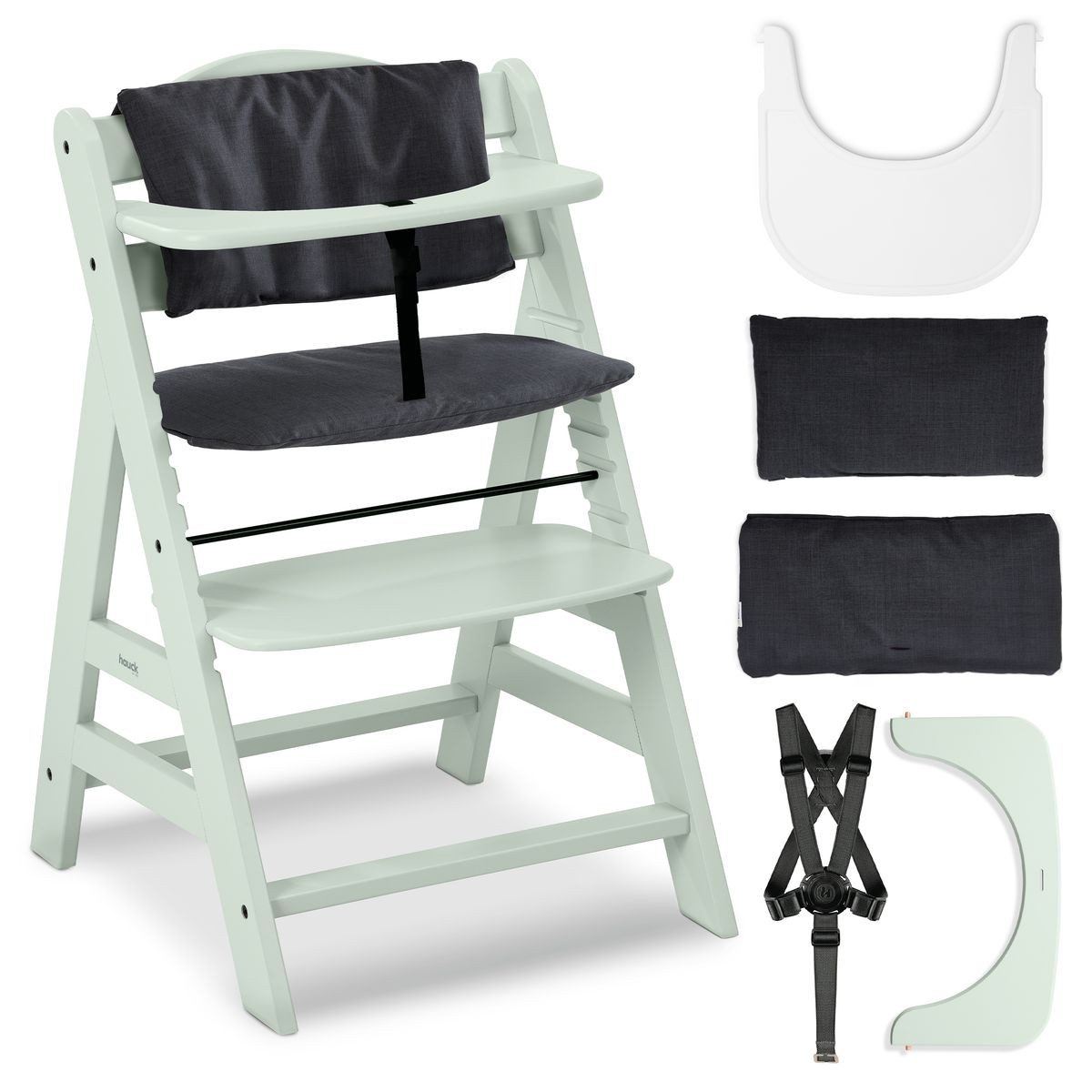 Hauck Hochstuhl Alpha Plus Mint - Charcoal, Mitwachsender Kinderhochstuhl mit Essbrett Click Tray & Sitzkissen