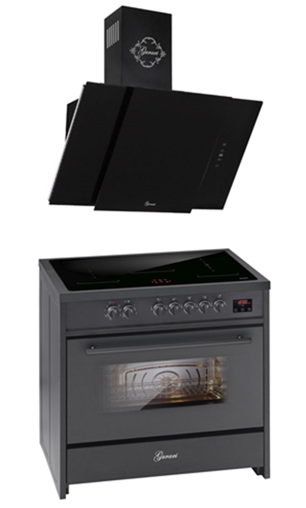 GURARI Induktions Herd-Set Range Cooker 90 cm, Schwarz, 5 Kochzonen, 121L+Dunstabzugshaube 90 cm E 913 BL+GCH S 171 BL 90 Prime,., mit 1-fach-Teleskopauszug, Range Cooker 90 cm, Schwarz+Dunstabzugshaube 90 cm Schwarz
