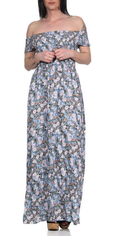 Maxikleid Sommerkleider für Damen luftig & leichte Strandkleider mit Blumendruck, Rundhals- und Carmenausschnitt, Länge: 132-134cm