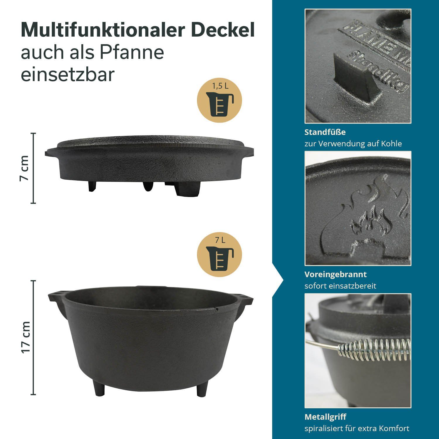 Skandika Grilltopf Dutch Oven Flame Master 8,5 L mit Füße, Feuertopf, Gulaschtopf, (Tragetasche, Deckelheber, auch Pfanne, bereits eingebrannt), Gusseisen Topf zum Kochen, inkl. Rezeptbuch der Sauerländer BBCrew