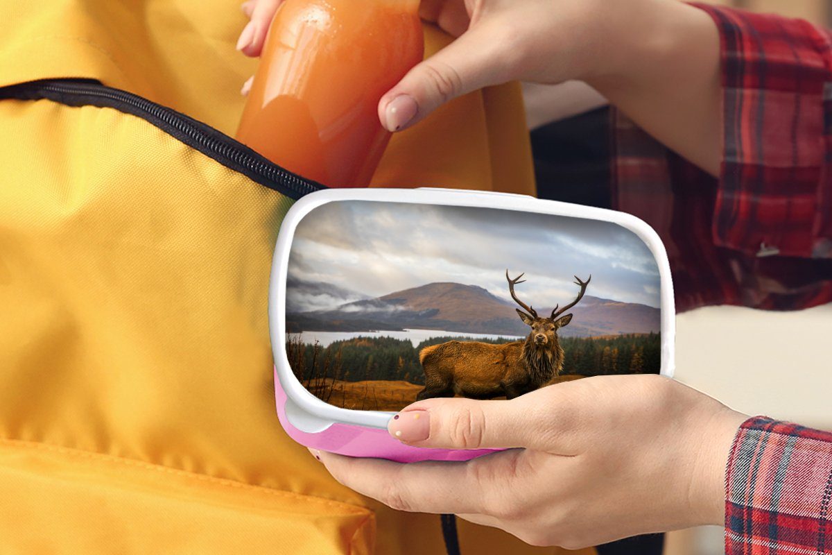 Kunststoff, Kunststoff MuchoWow Brotbox rosa - Lunchbox Brotdose Tiere - Berge Erwachsene, - Hirsche Wasser - Kinder, für (2-tlg), Landschaft - Mädchen, Snackbox, Bäume,
