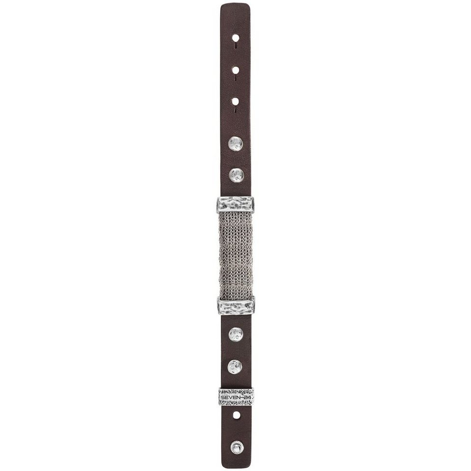 SEVEN-24 Armband Edelstahl mit braunem Leder, Inlay im welligen Design