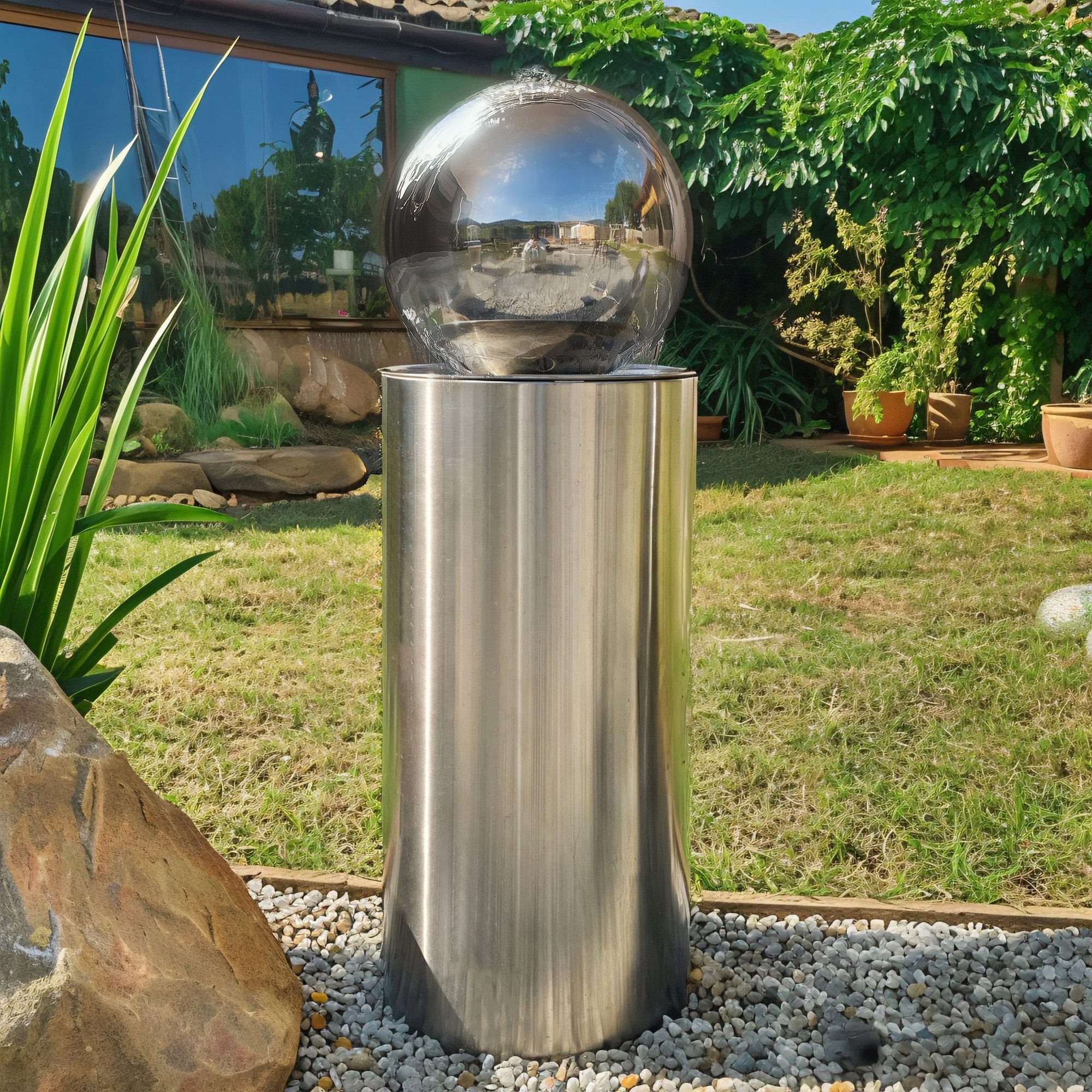 Köhko Gartenbrunnen Kugelbrunnen Ø25cm mit LED auf zylindrischen Edelstahl Eimer H30cm – Bild 4 von 5
