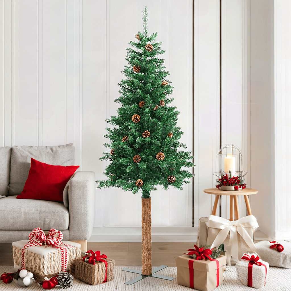 furnicato Künstlicher Weihnachtsbaum Schmaler Weihnachtsbaum 180 cm Grün mit Massivholz und Stahlständer, Künstliche Tanne mit dekorativen Zapfen für den Innenbereich