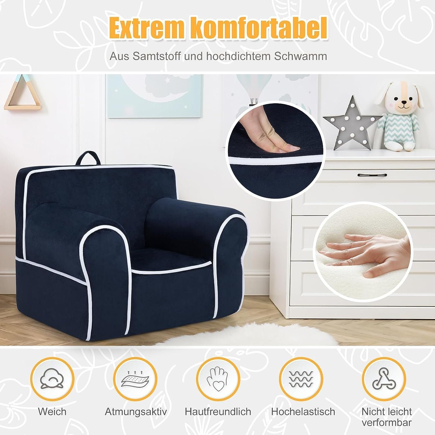 Armlehnen & 44 mit 70 blau x 50cm KOMFOTTEU Kindersofa, Rückenlehne, Kindersessel x