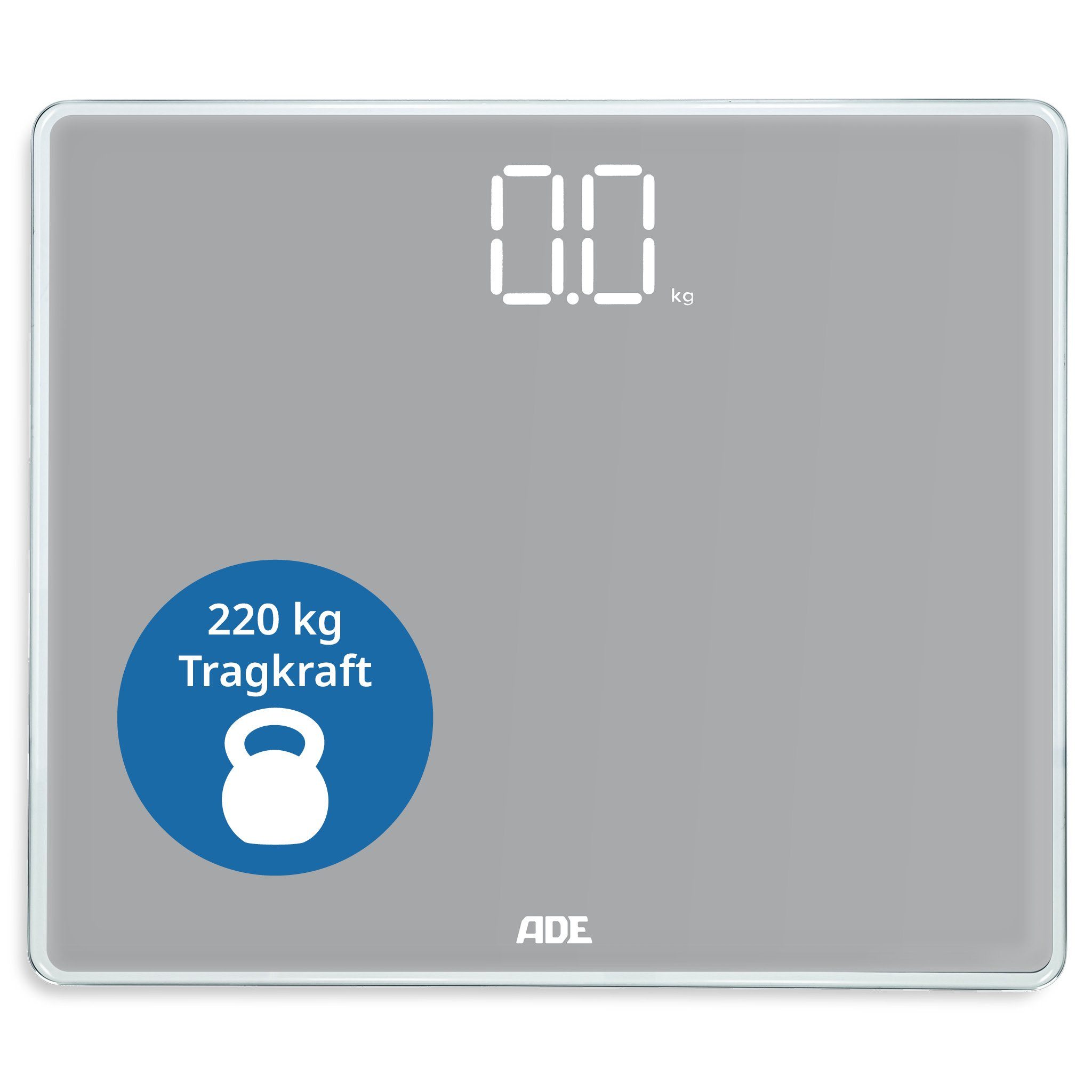 ADE Personenwaage Digitale Körperwaage mit extrahoher Tragkraft bis 220 kg, unsichtbares Magic Display, große Trittfläche aus Sicherheitsglas