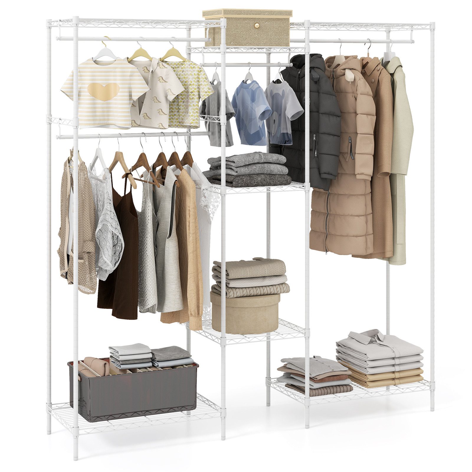 COSTWAY Kleiderschrank offen mit 7 verstellbaren Metall-Drahtregalen & 4 Kleiderstangen