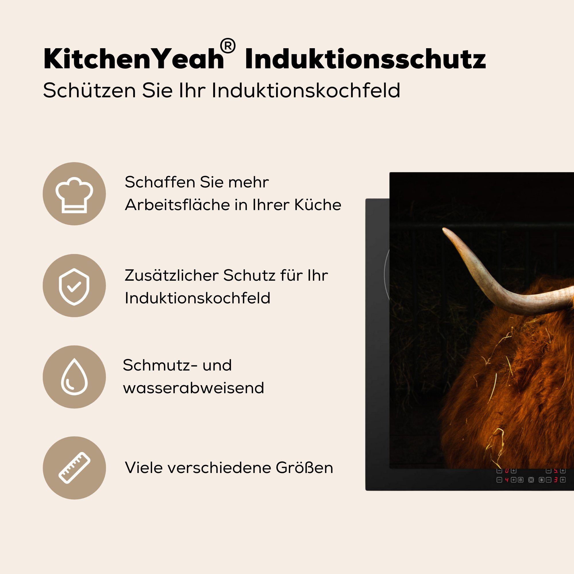 Ceranfeldabdeckung Vinyl, tlg), für - (1 Schutz 81x52 MuchoWow Induktionskochfeld Herdblende-/Abdeckplatte küche, die - Makro Highlander cm, Schwarz, Schottischer