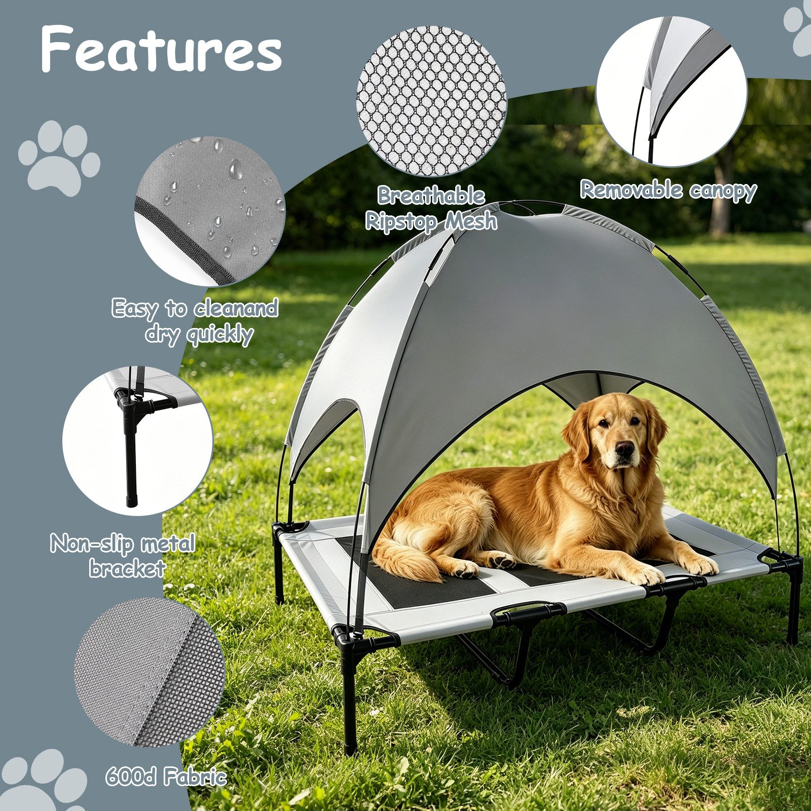 BlingBin Tierbett Hundeliege Outdoor mit Dach, Erhöhtes Hundebett für extra große Hunde, 600D Oxford-Stoff, Kühlendes Haustierliege mit Atmungsaktiv Mesh für Camping