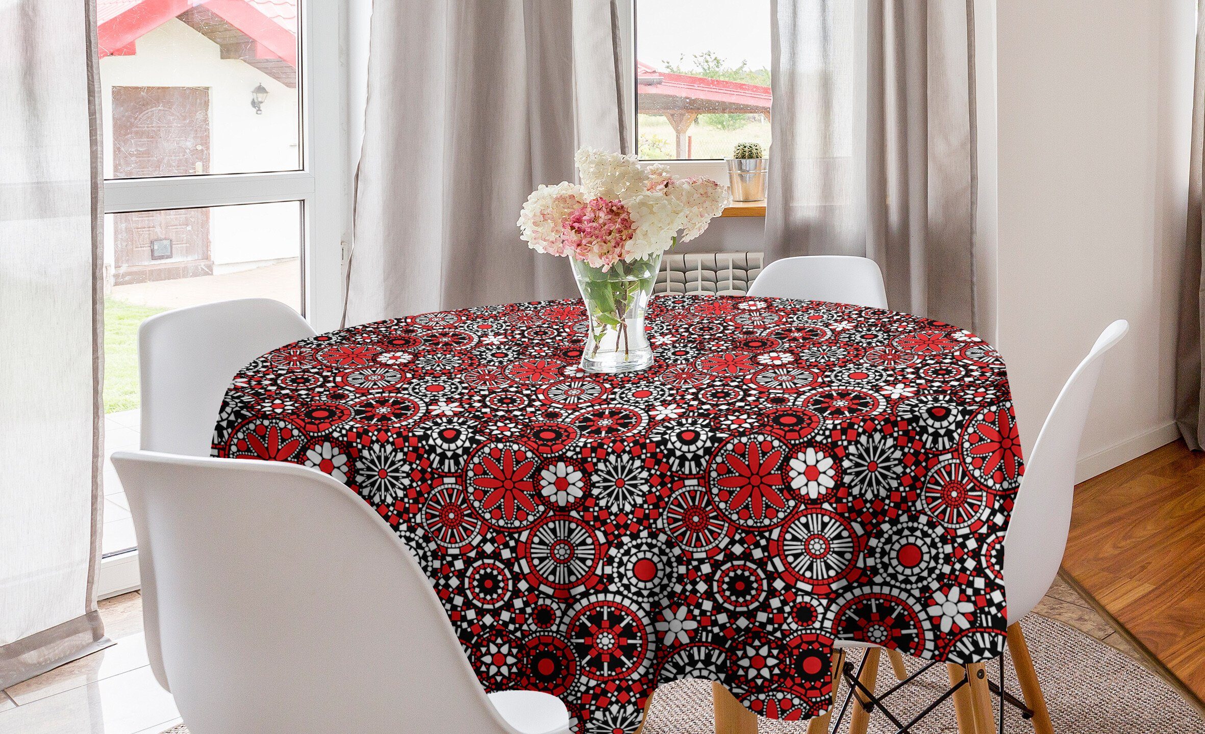 Abakuhaus Tischdecke Kreis Tischdecke Mandala Red Blumen-Mosaik Küche Esszimmer Abdeckung für Dekoration