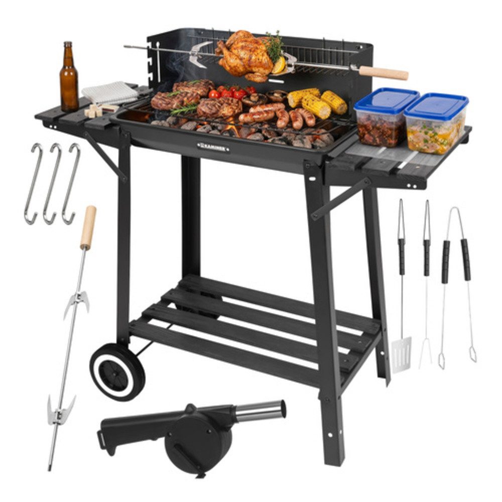 Kaminer Holzkohlegrill Gartengrill Drehspieß Holzkohlegrill, Spar-Set, Warmhalteplatte, Alle Roste und der Spieß sind speziell beschichtet