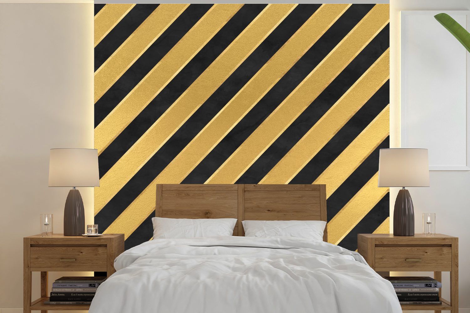 MuchoWow oder Wandtapete - Schwarz, (5 - Muster St), bedruckt, Streifen für Tapete Fototapete Schlafzimmer, Gold Vinyl Wohnzimmer - Matt,