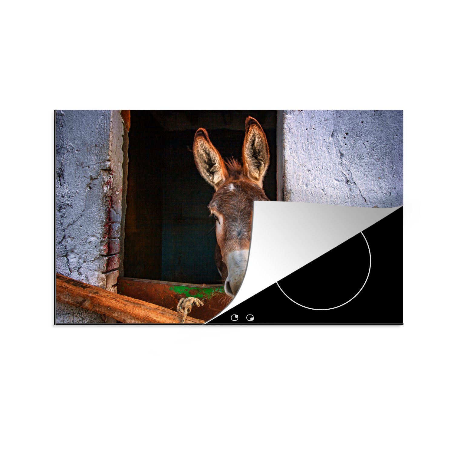 MuchoWow Herdblende-/Abdeckplatte Esel im Stall, Vinyl, (1 tlg), 81x52 cm, Induktionskochfeld Schutz für die küche, Ceranfeldabdeckung