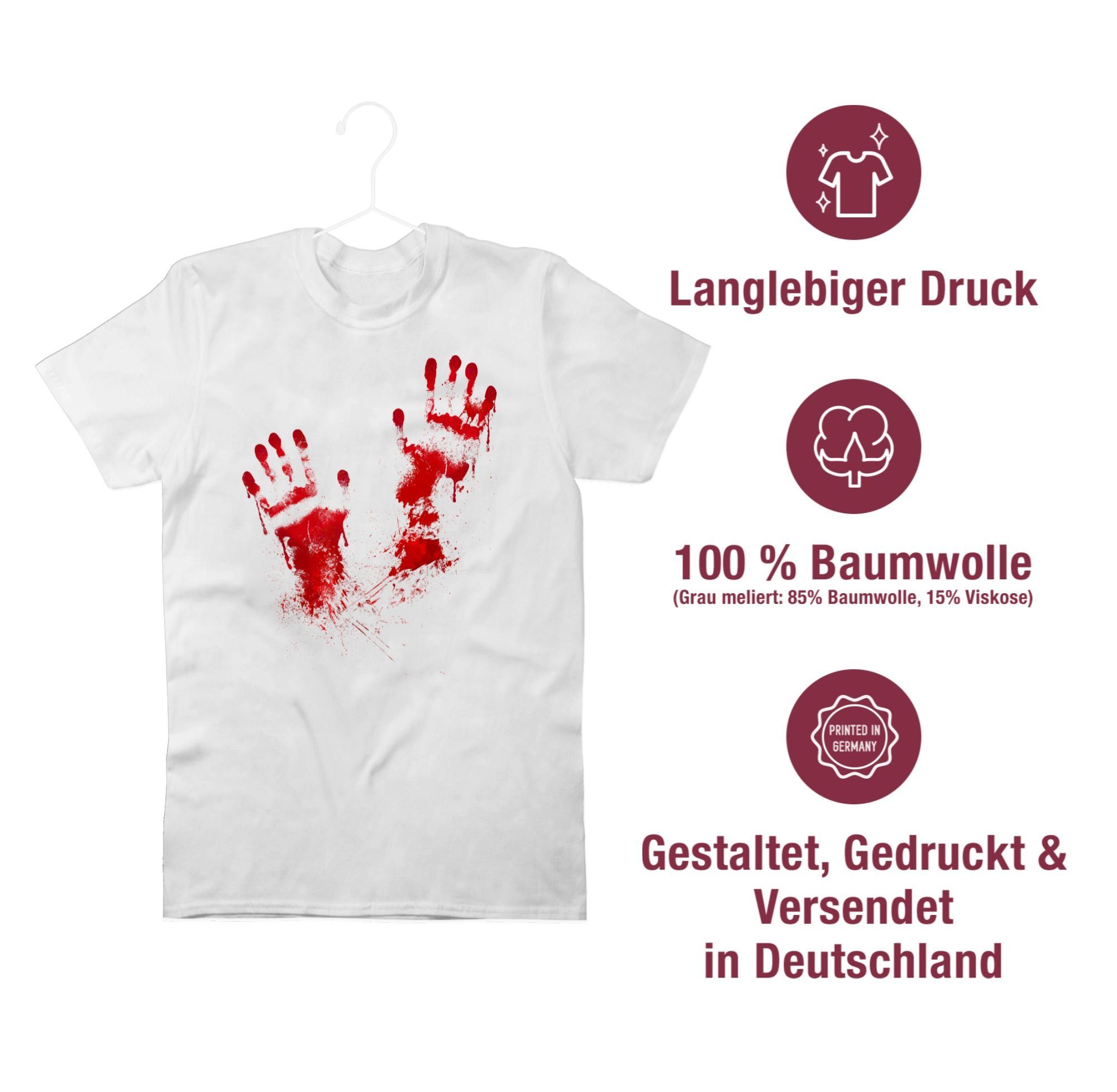 Blut Blutige 02 Handabdrücke Weiß Herren Gruselig Halloween Shirtracer T-Shirt Kostüme Handabdruck