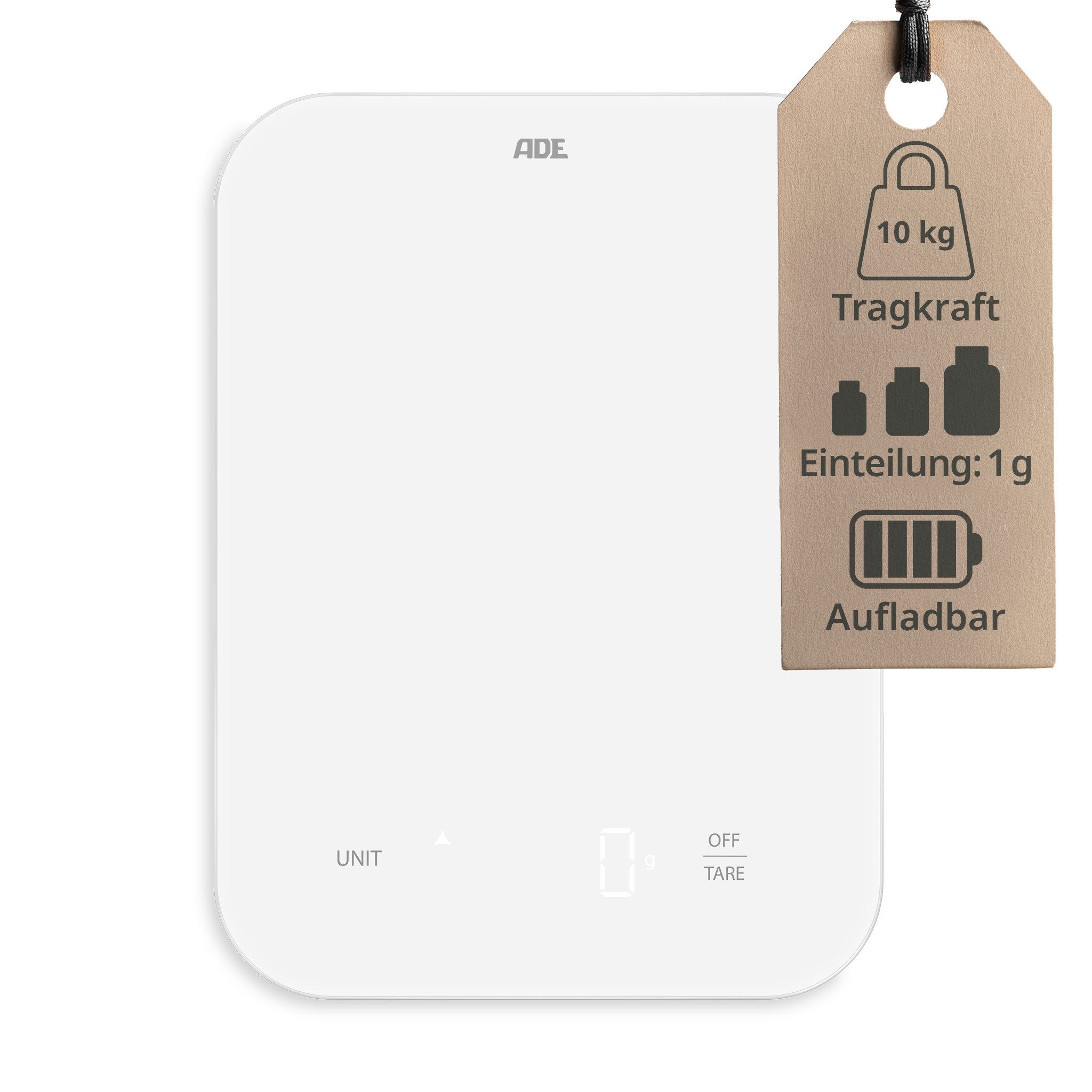 ADE Küchenwaage Digital, aufladbar per USB-C, bis 10 kg auf 1 g genau, aus Glas, Digitalwaage mit Tara-Funktion, beleuchtete Anzeige, in g, ml & oz