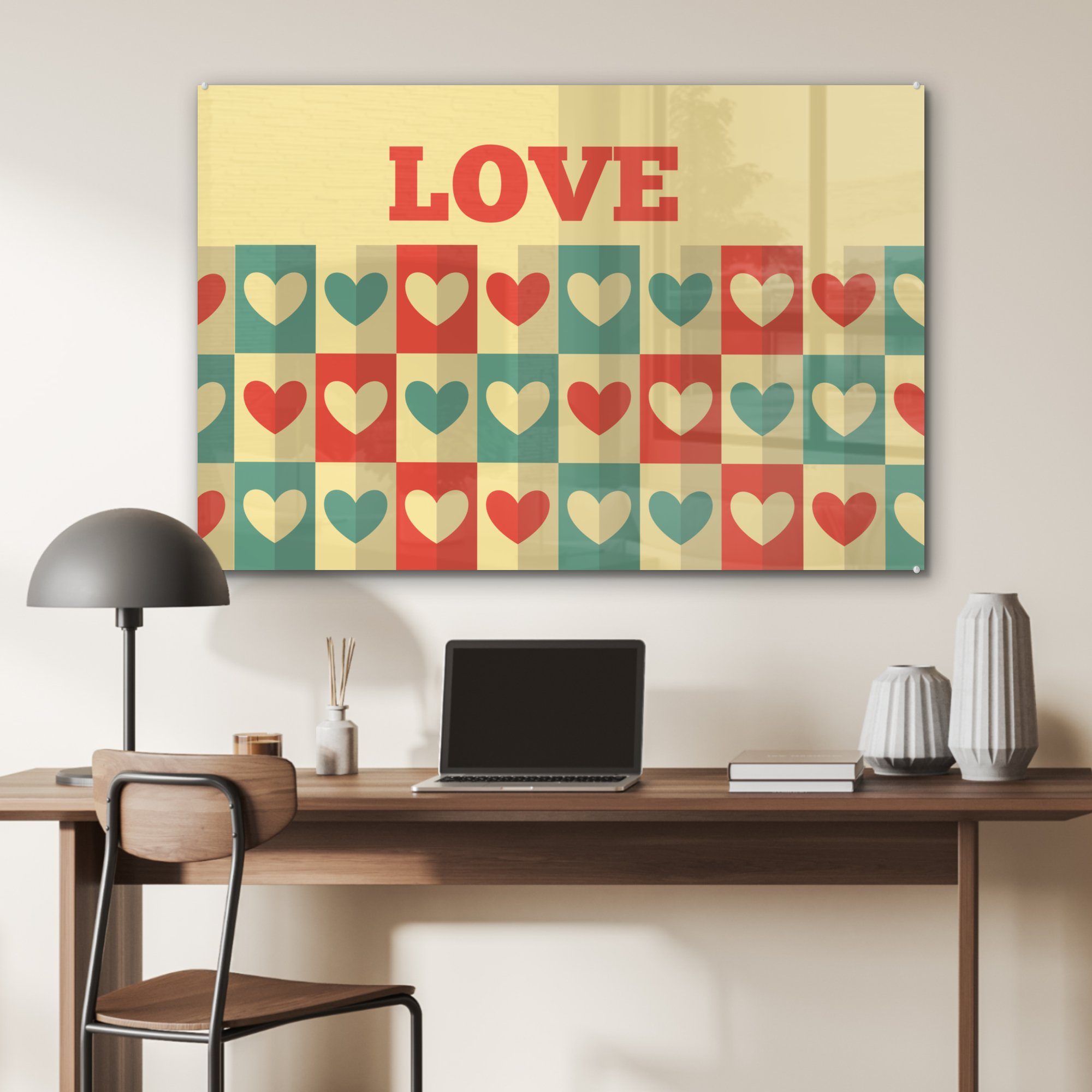 Schlafzimmer mit Illustration Valentinstag Acrylglasbild Wohnzimmer und MuchoWow Liebe Acrylglasbilder & St), zum Herzen, (1