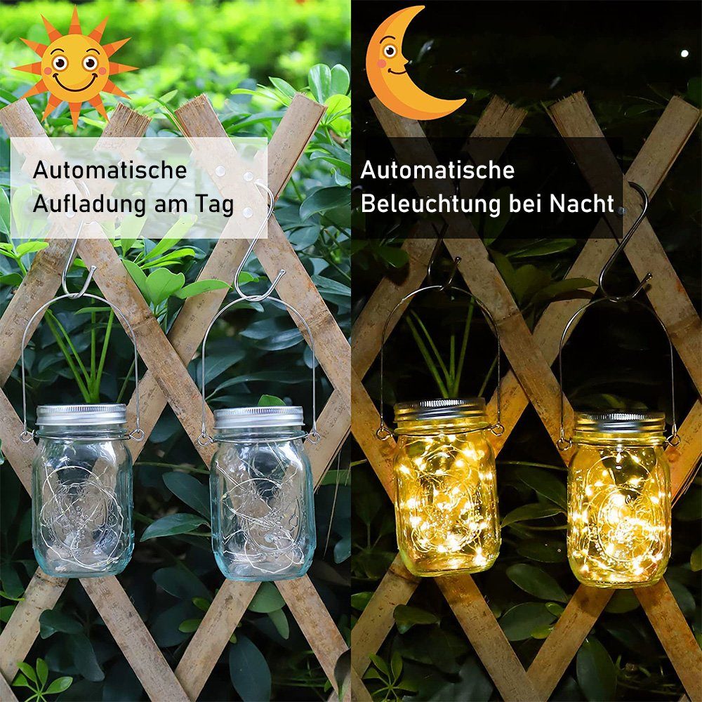 zggzerg LED Solarleuchte 4 Stück Glas Solarlampen 20Leds Lichterkette Außen, Einmachglas im für