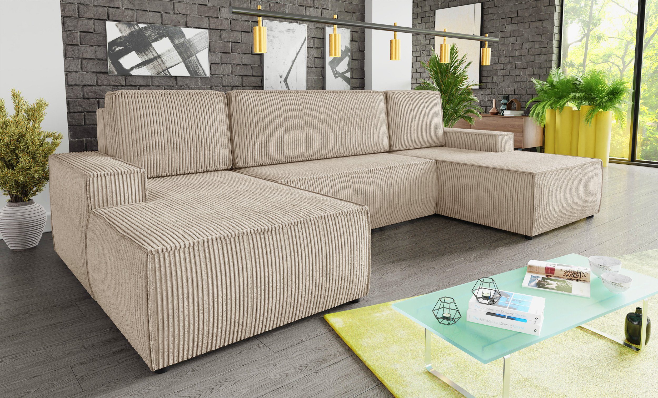 Stoff, Couch, Wellenfeder Poso Bettkasten, Totti mit U-Form Sofnet Schlafsofa mit Schlaffunktion Wohnlandschaft 100 U, Cord und