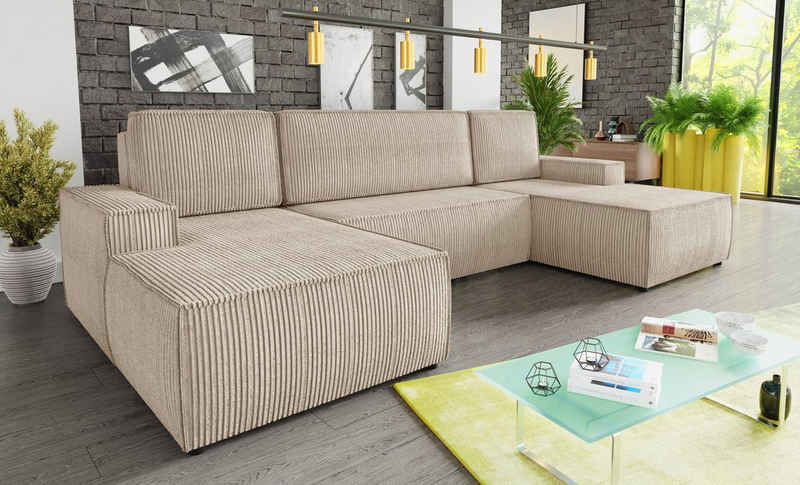 Sofnet Wohnlandschaft Totti U, mit Schlaffunktion und Bettkasten, U-Form Couch, Cord Stoff, Schlafsofa mit Wellenfeder