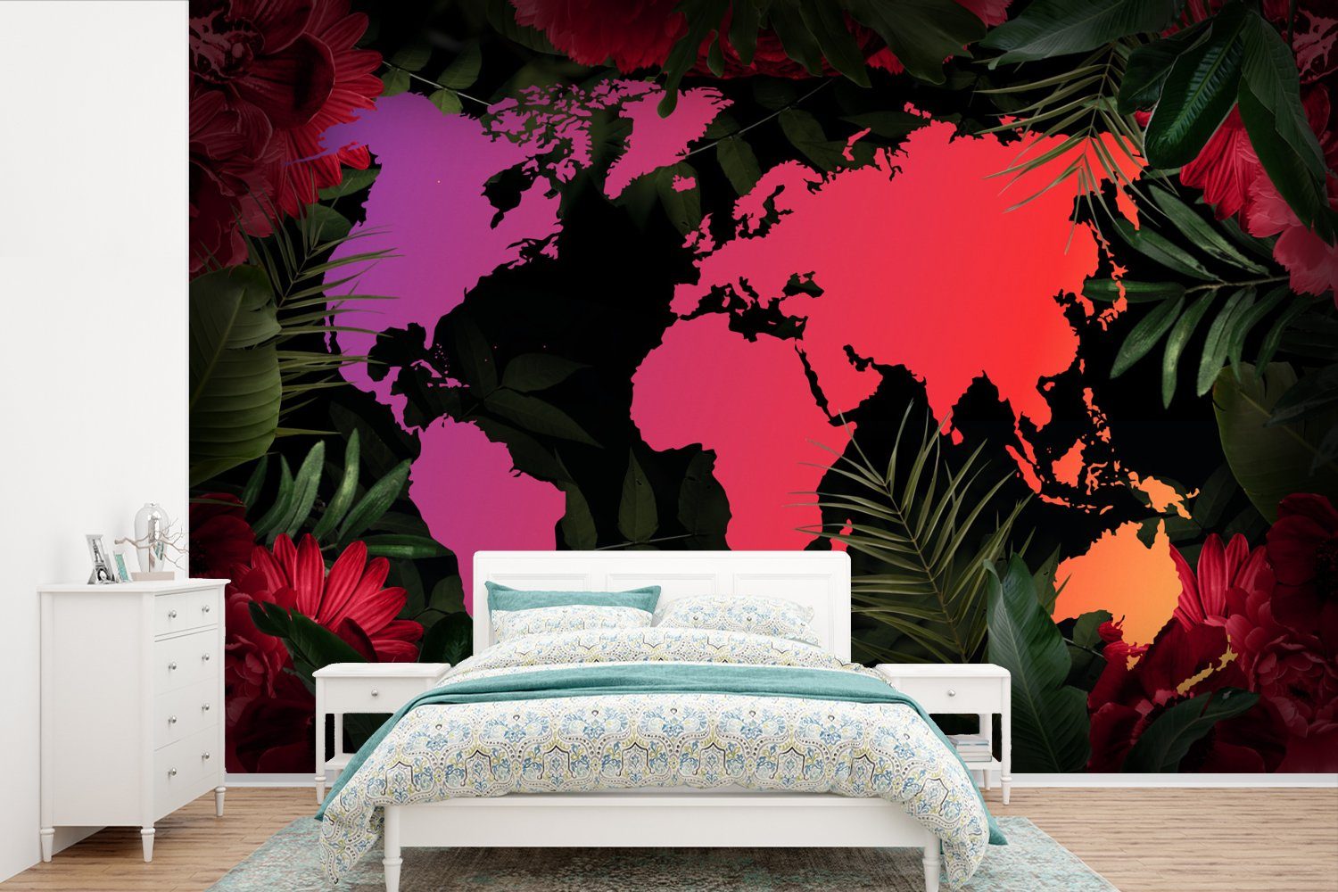 MuchoWow Fototapete Weltkarte - Farben - Dschungel, Matt, bedruckt, (6 St), Wallpaper für Wohnzimmer, Schlafzimmer, Kinderzimmer, Vinyl Tapete