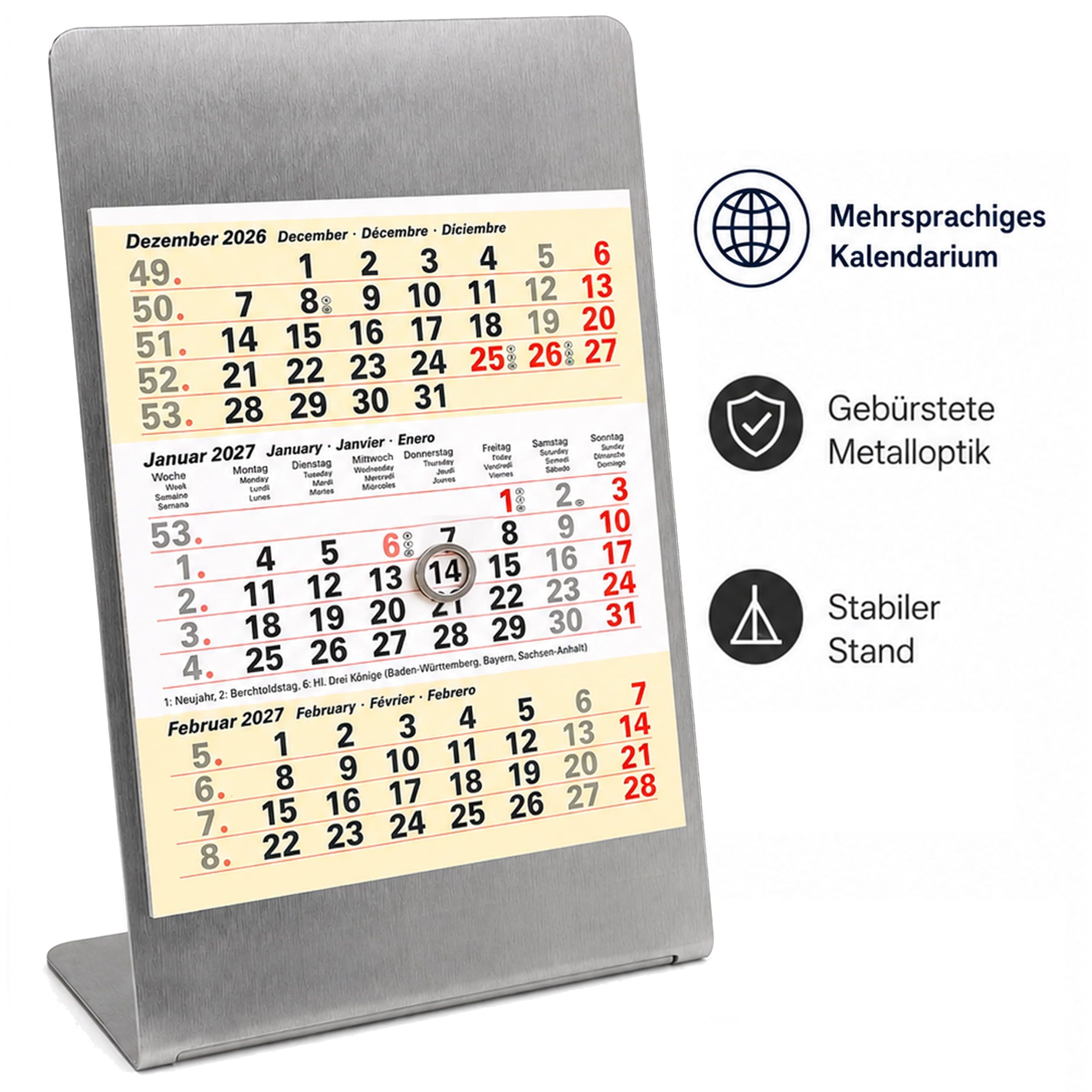 TOBJA Tischkalender Tischkalender 2027 Metallaufsteller 3-Monatskalender Büro (Sand), 3-Monats-Überblick, Datumsschieber, Edelstahl-Optik, mehrsprachig