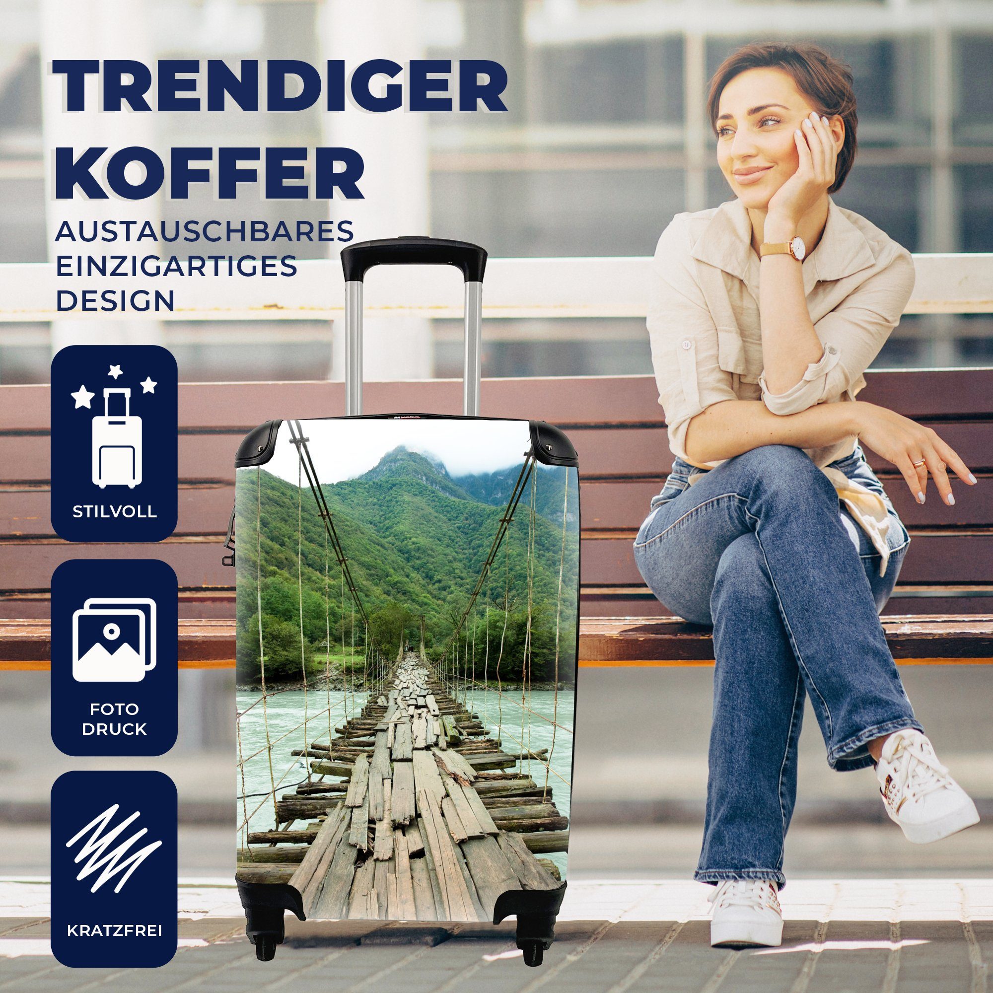 4 - mit Reisetasche für Reisekoffer Handgepäck Ferien, Handgepäckkoffer - Brücke Fluss, Holz Trolley, MuchoWow rollen, Rollen,