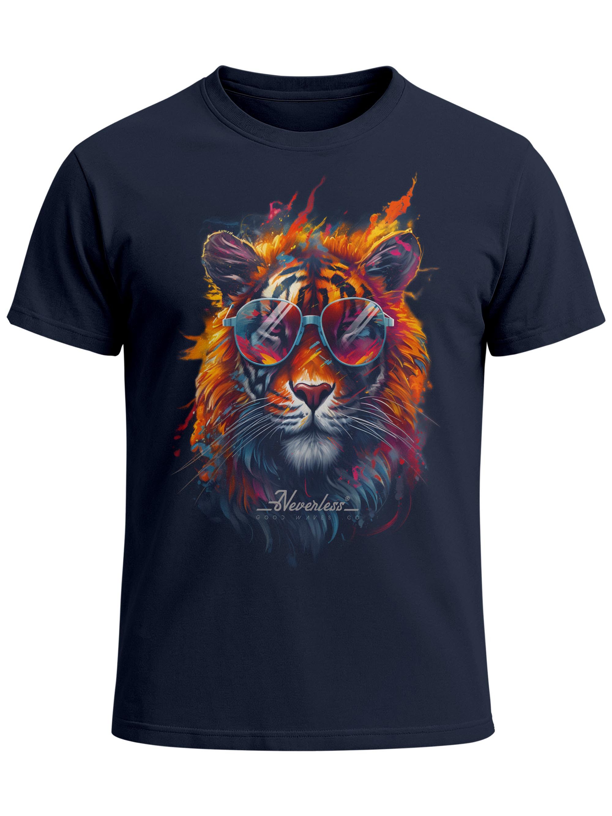 Print-Shirt Herren T-Shirt Tiger Print Aufdruck Flammen Sommer Sonnenbrille Kunst