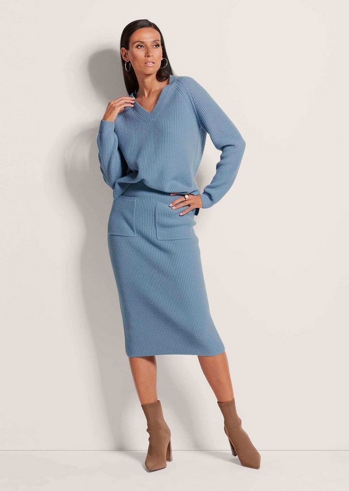 MADELEINE Strickpullover Langarm V-Ausschnitt-Pullover Strick Pullover aus weichem Schurwolle-Kaschmir-Mix in lässiger Passform