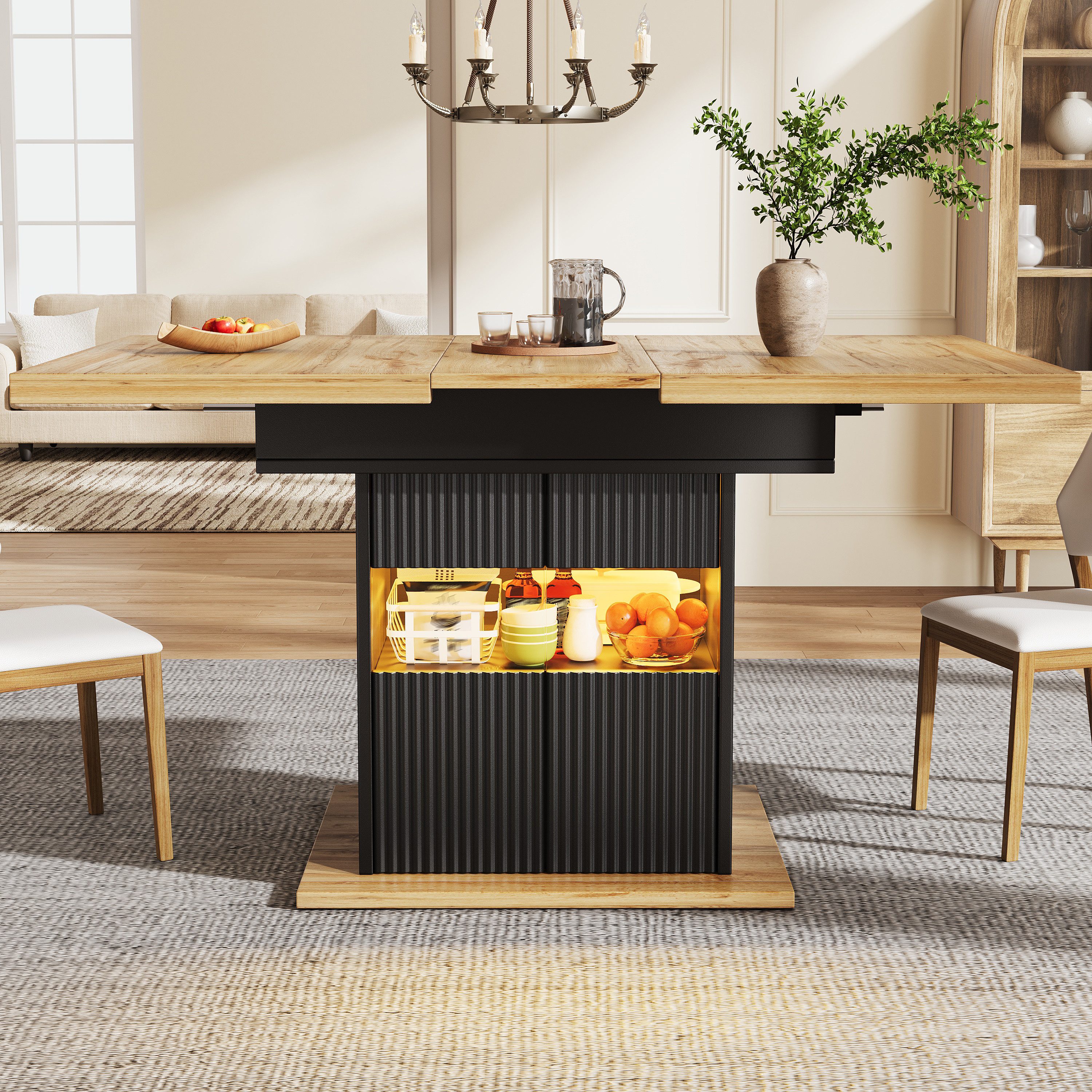Flieks Esstisch ausziehbar Küchentisch mit LED-Beleuchtung (erweiterbare Tischplatte in Holzoptik, Länge110-140x80x76 cm, 1-St., 1 Tisch), rechteckig Arbeitstisch mit 2 Glastüren und verstellbaren Einlegeboden