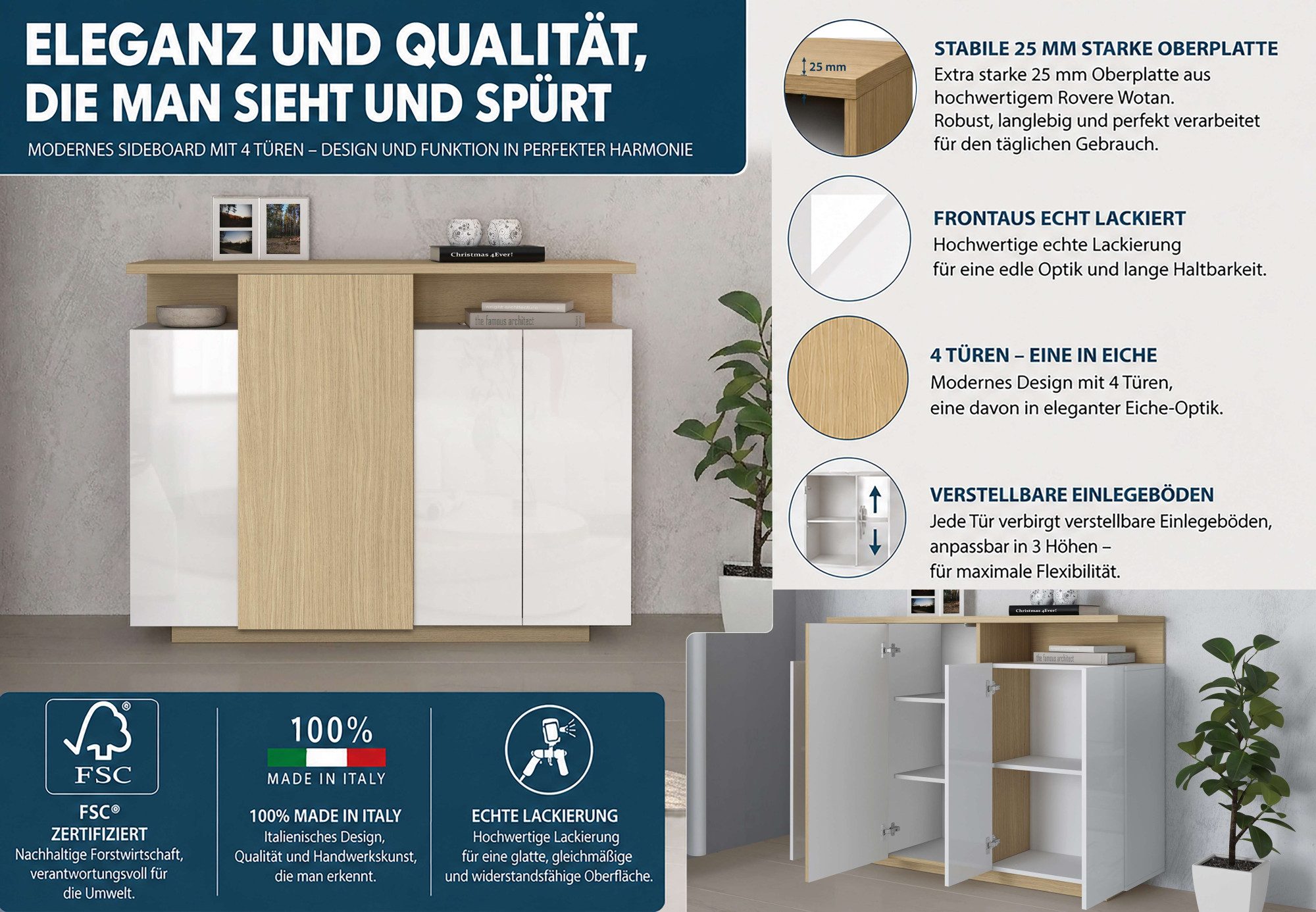 OTTO home Highboard Highboard ETHOS, Kommode, Schrank, Kredenz (1 St), Mit 4 Drehtüren, 9 Innenfächern und 2 Außenfächern, B.130 cm